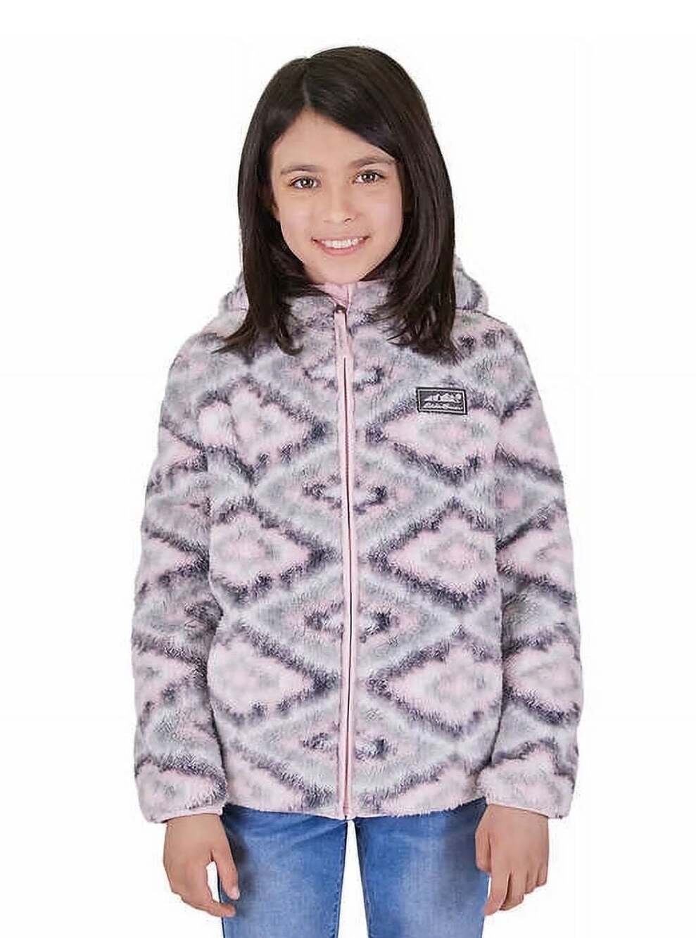 Eddie Bauer Kids Quest Plush Fleece Hooded Jacket Geometric Pink Gray M (10/12)